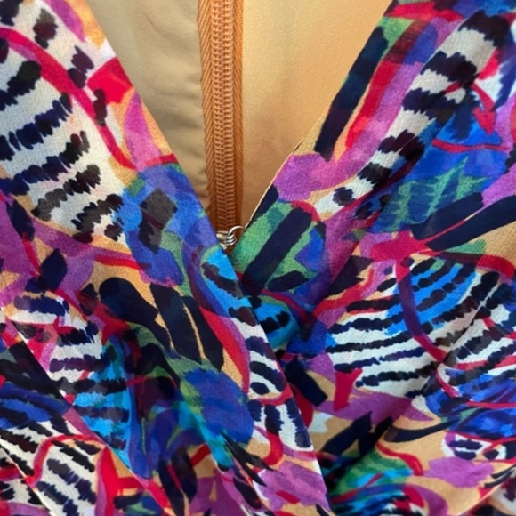 SALONI Silk Mini Dress XS - Gold Multicolor Floral Banana Leaf Wrap V-neck - Picture 9 of 16